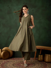 Womens Olive Designer Solid Stylish Kurti Set